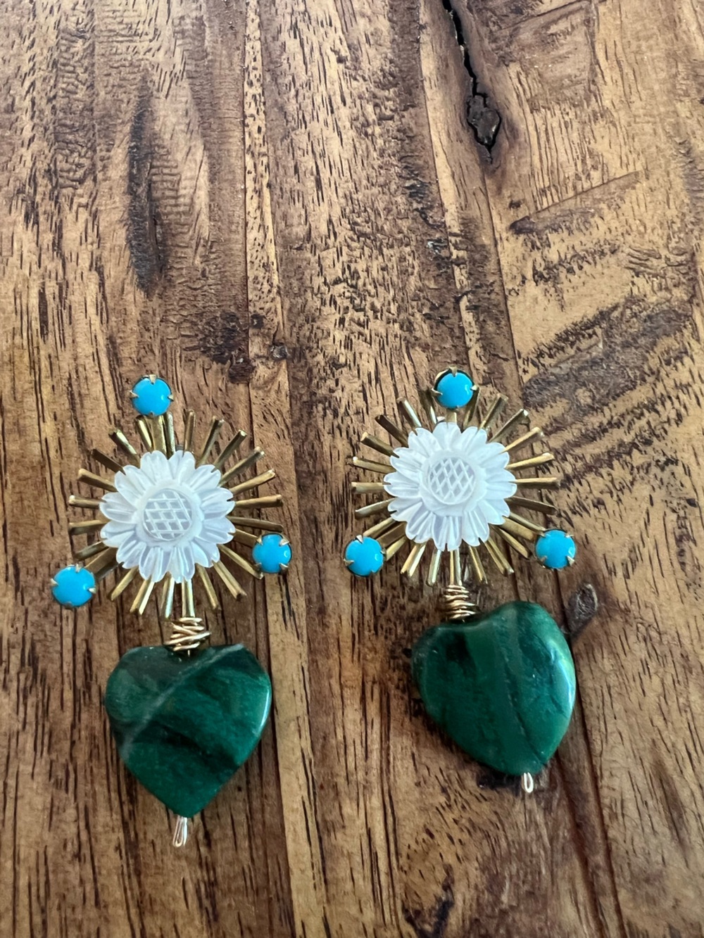 Artisan Green Heart & White Flower Drop Earrings with Turquoise Accents